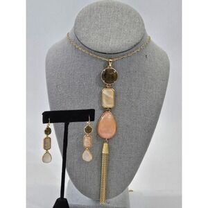 Spartina 449‎ 3 Stone Tassle Drop Pendant Necklace & Earring Statement Set EUC